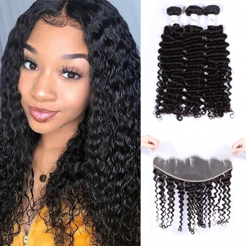 100% Vingin Human Hair Deep Wave 3 Bundles With Frontal